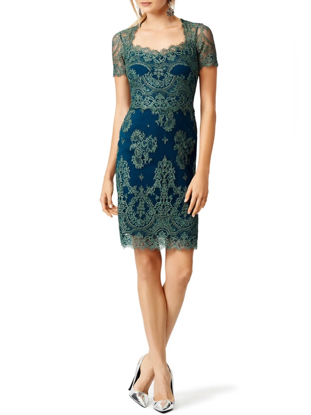 Marchesa Notte Gold Lace Cocktail Sheath Dress